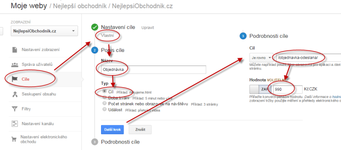 Google Analytics: nastavení nového cíle