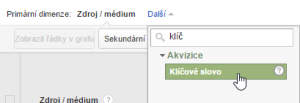 Google Analytics - volba primární dimenze Klíčová slova
