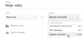 Google Analytics: výběr webu