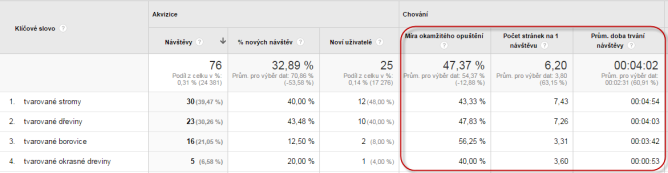 Klíčová slova z Adwords - výsledky v Google Analytics