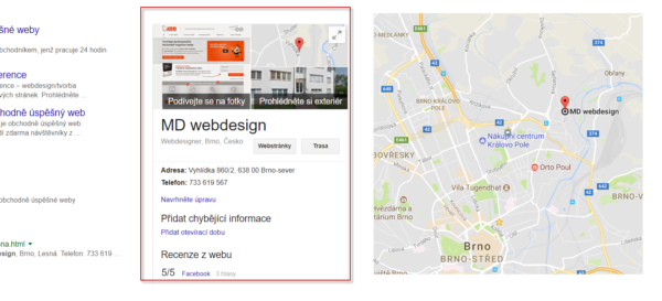 Kontextová informace z firemního katalogu Googlu přímo ve vyhledávači a tentýž záznam v mapách