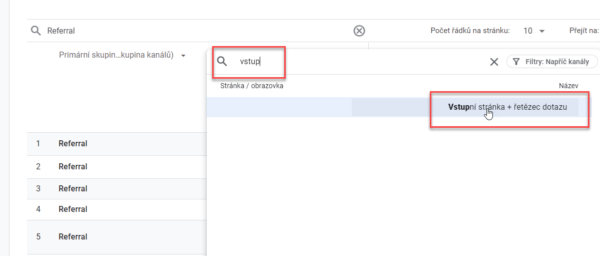 GA4: výběr sekundární dimenze Vstupní stránka