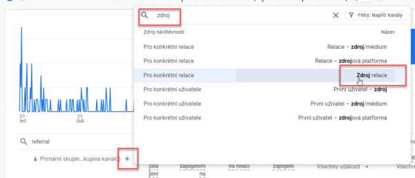 GA4: Výběr primární dimenze Zdroj relace