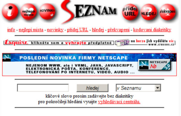 Vyhledávač Seznam v roce 1996